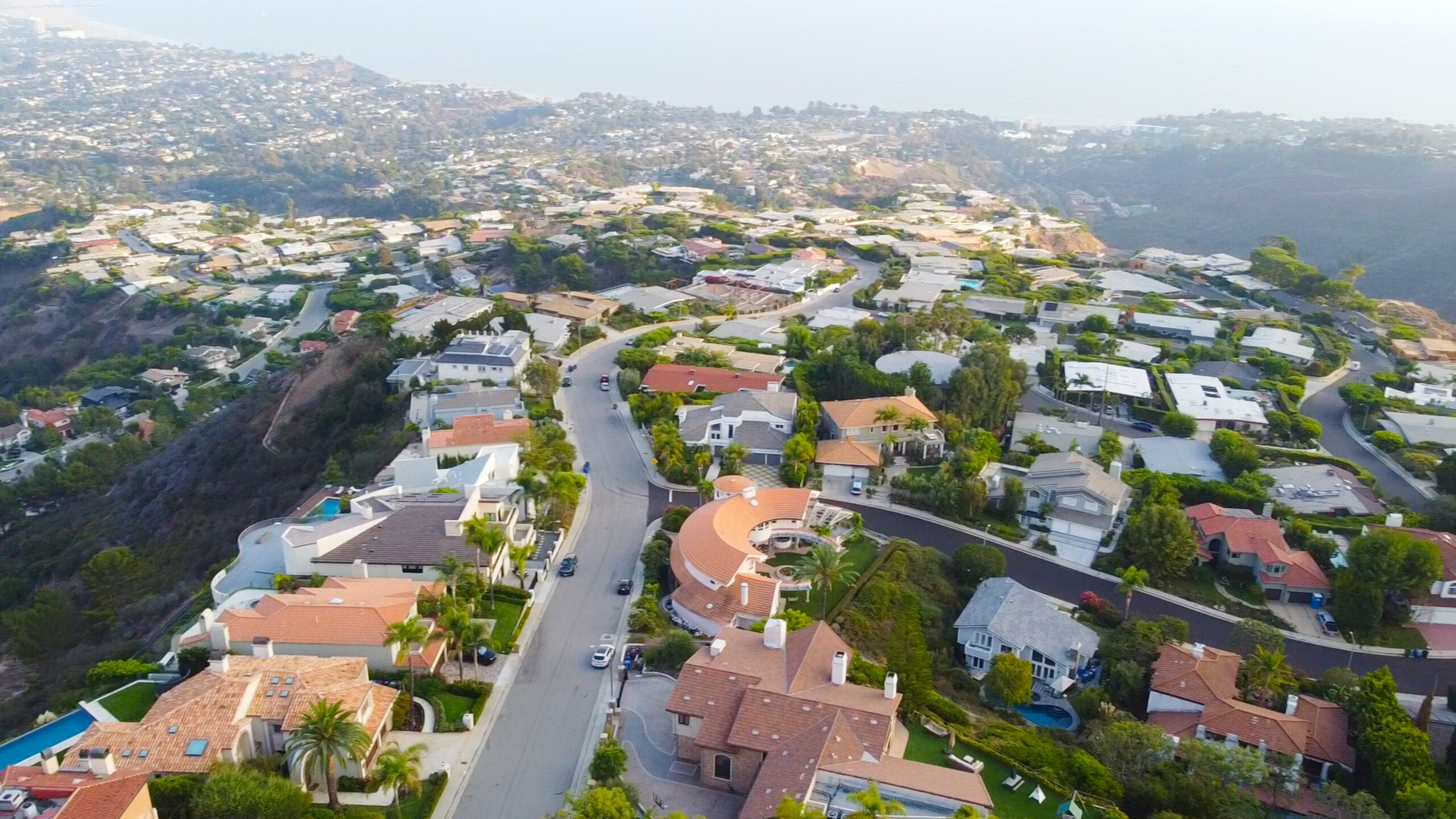 Aerial view of Pacific Palisades neighborhood and houses , Los Angeles, California
